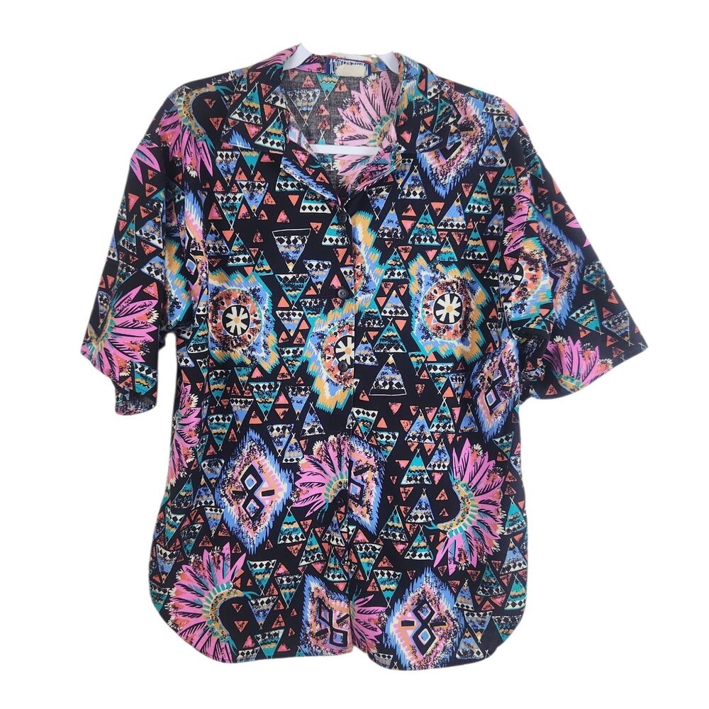 Vtg 80s Retro Southwestern Button Down Shirt Sz 12 Cotton Black Pink Aztec Neon